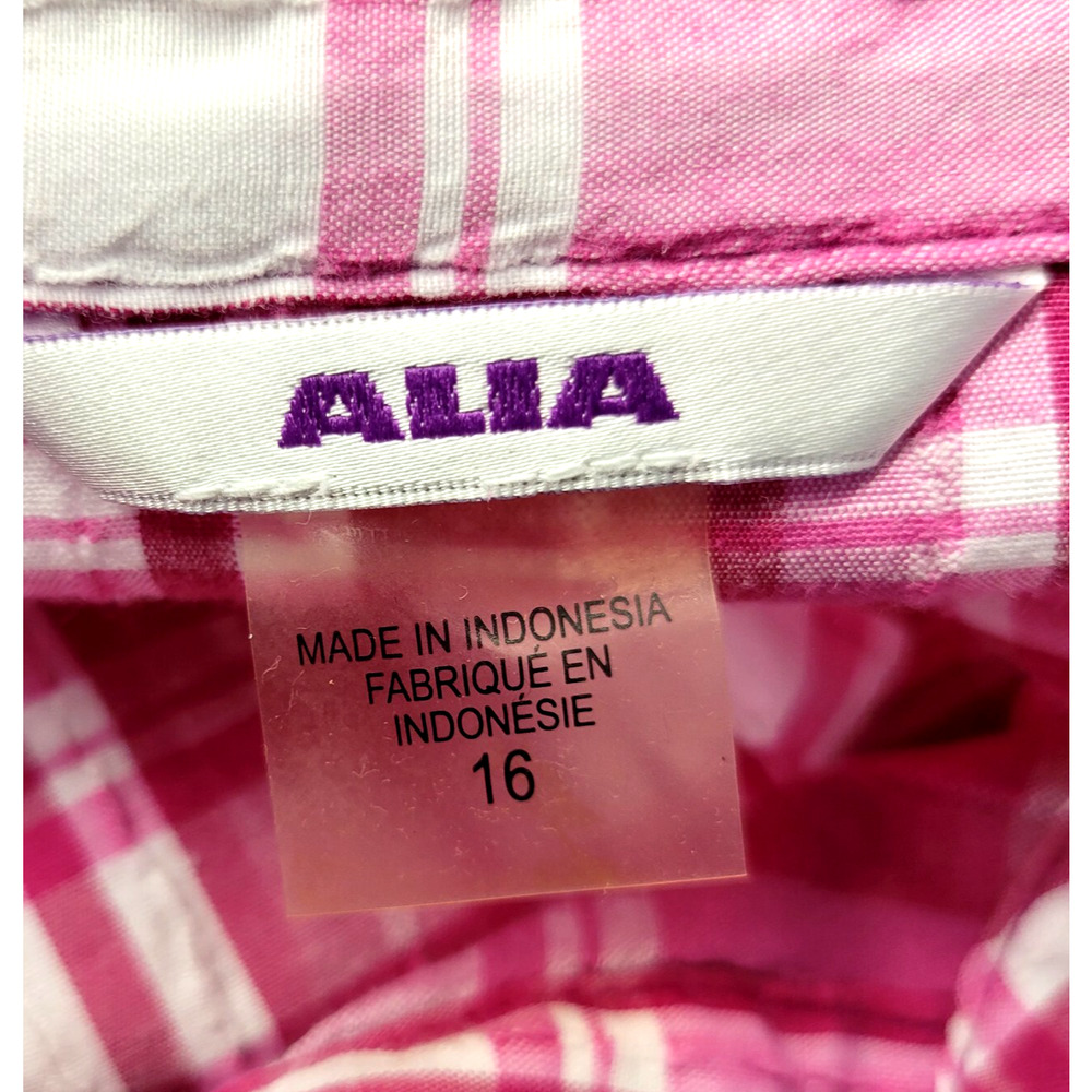 Alia Plaid Button Front Top Womens 16 Pink White Crinkle 3/4 Sleeves Casual - Picture 2 of 11